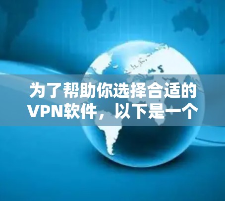 为了帮助你选择合适的<strong>VPN软件</strong>，以下是一个分步的推荐过程和最终的推荐列表